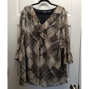Maggie Barnes Womens Plus Size 4X (30/32) Brown Geo Abstract Lined V-Neck Blouse